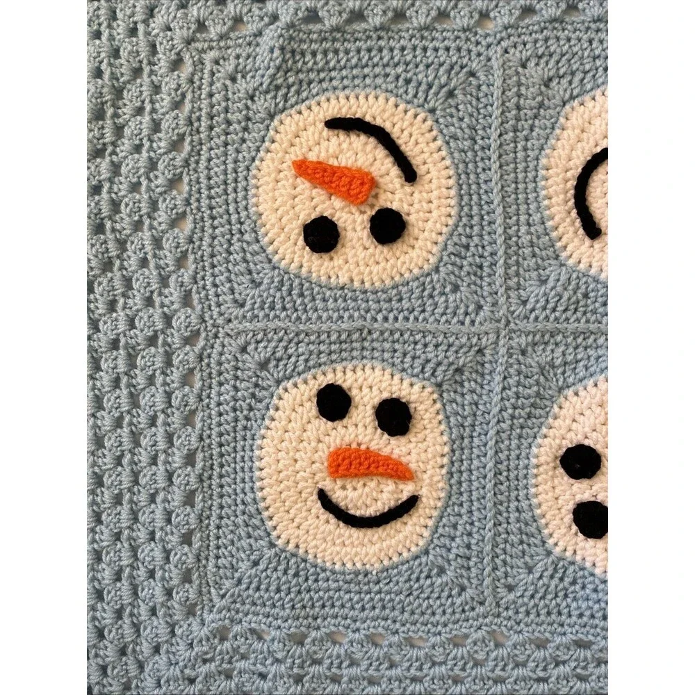 Snowman Crocheted Hand Knit Afghan Throw Blanket 49x41” Baby Blue Winter Holiday